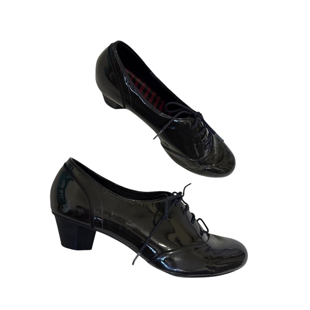 Camper Black Patent Leather Oxford Heels Womens 9 Preppy Classic Lace Up Kitten